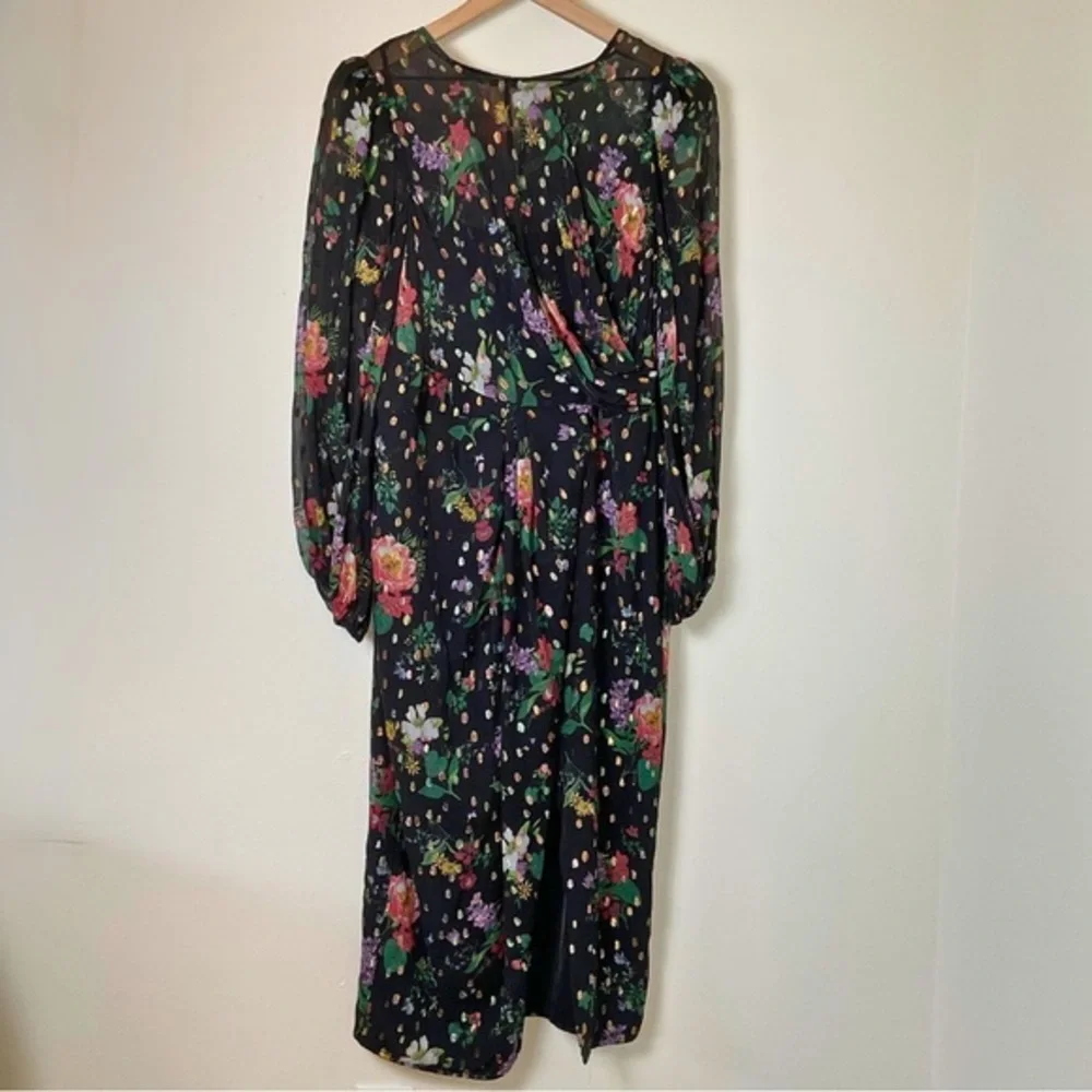 AMUR Sabine Drape Dress | Front Slit | Black | Floral | Sheer | Size 10 - Picture 7 of 16